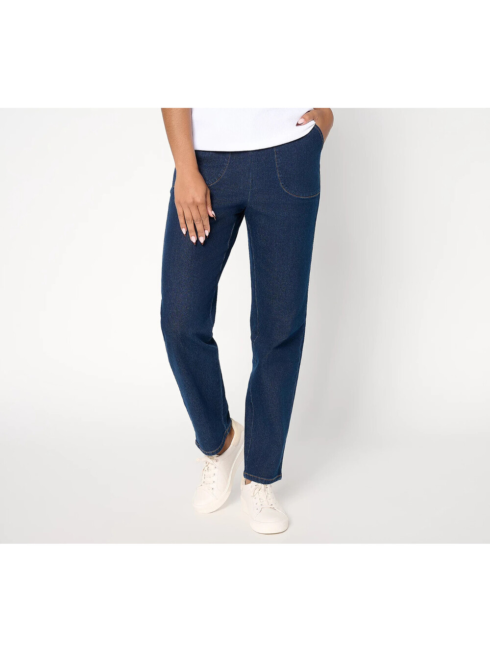 Denim & Co. Indigo Flat Front Denim Side Pocket Pants Dark Wash, Petite Large